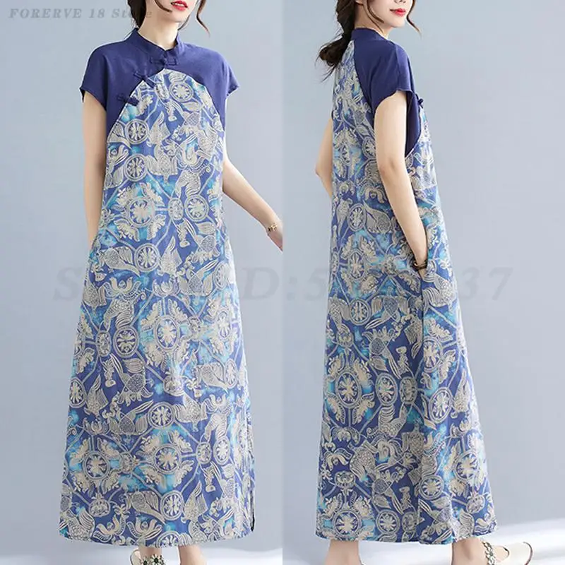 Summer Chinese Improved Printed Cheongsam Retro Oriental Tea Art Clothing Traditional New Ethnic Style Loose Casual Qipao Dress
