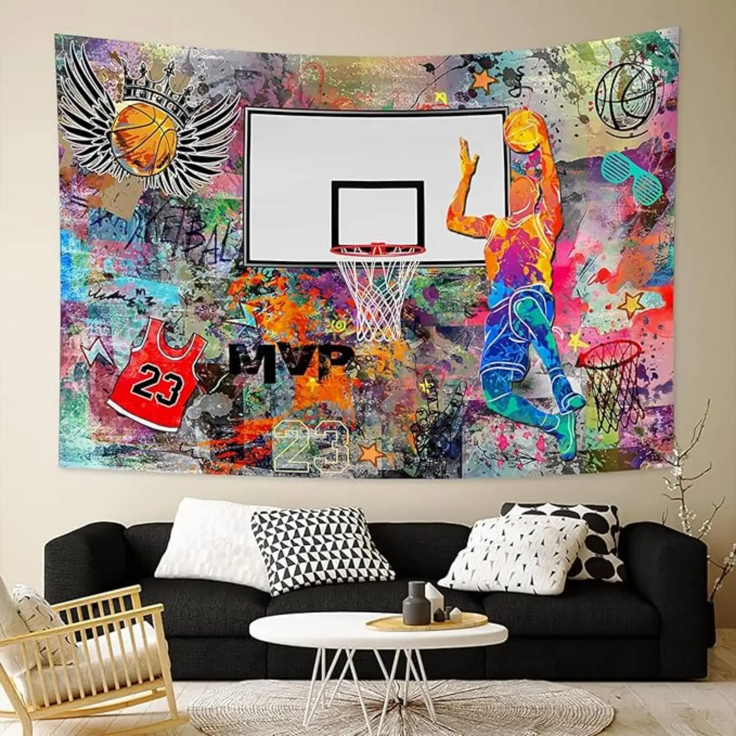 كرة السلة الكتابة على الجدران نسيج Mvp دونك الفن مع الهيب هوب تاج الشارع نمط نسيج الجدار الشنق للرجل الكهف النوم ديكور غرفة نوم #2