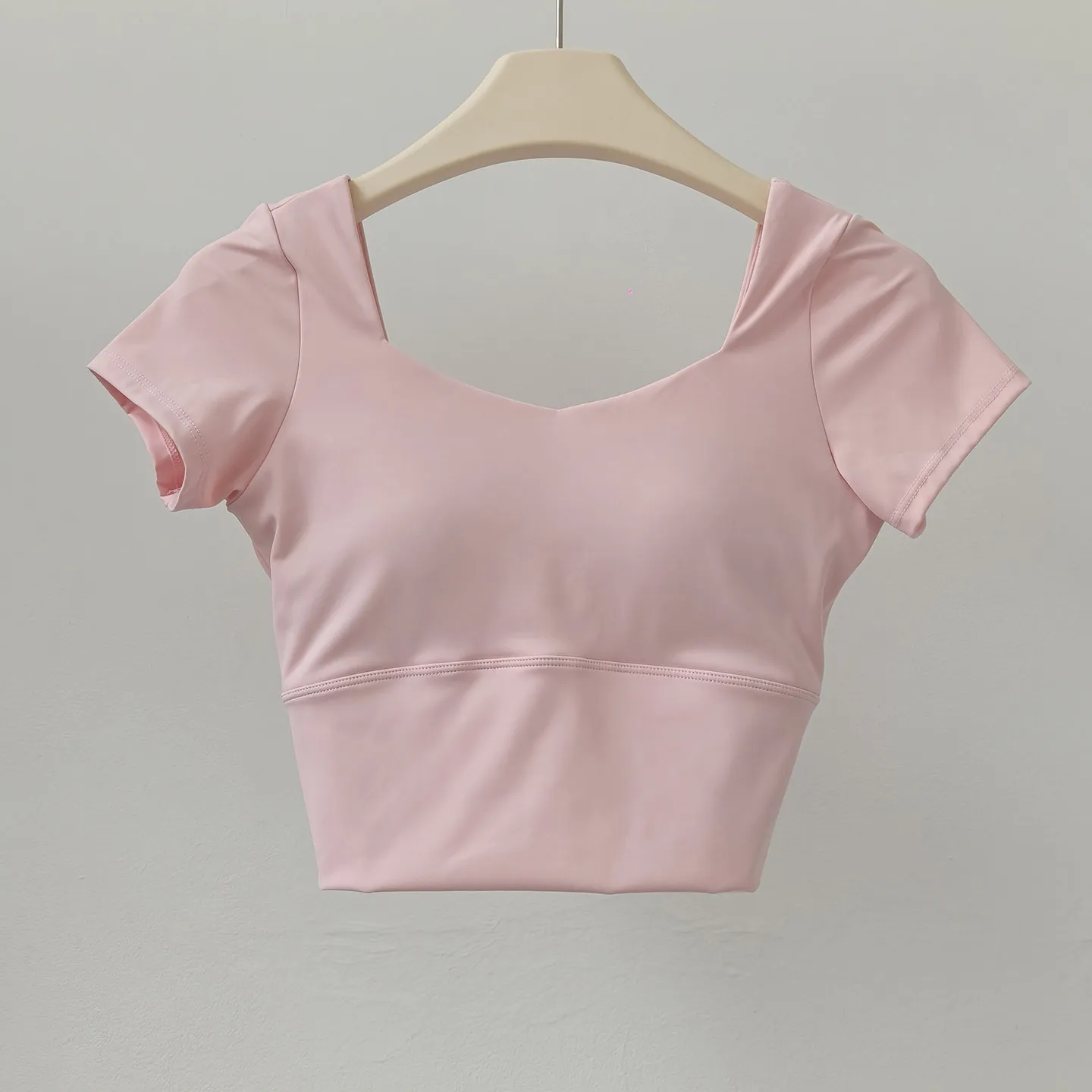 Gepolsterte Yoga-Shirts für Damen, kurzärmeliges Sport-Crop-Top, Fitness-Workout-T-Shirt, sexy, kurzes Laufshirt, Sportbekleidung für das Fitnessstudio. – Detail 13