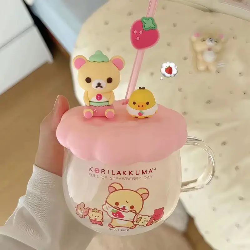 Rilakkuma Glass Water Cup With Lid Straw High Temperature Resistant Cute Cartoon Drinking Mug For Office Home Daily Use view 5