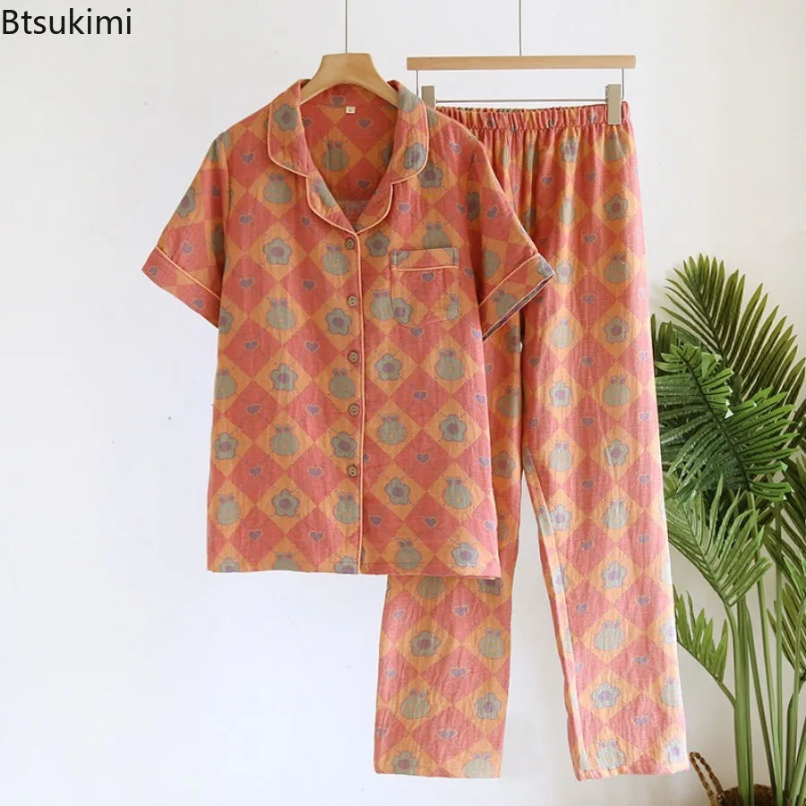 2025 Women's Spring Summer Pajama Sets 100% Cotton Short Sleeve Suit Tops and Pants Jacquard Pajamas Large Home Clothes Female