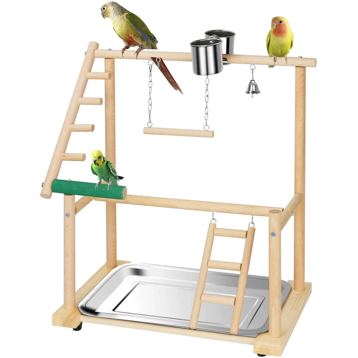 

Wooden Parrot Bird Playground with Standing Two Feeders and Pet Toys