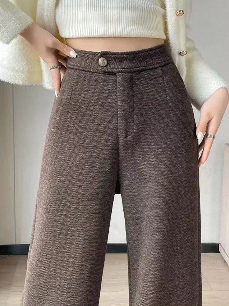 Outono falso lã calças de perna larga feminina y2k cintura alta solta casual calças de perna larga coreano inverno quente streetwear calças retas
