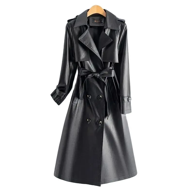 

2024 High-quality Leather Trench Coat Women's Sheepskin Outerwear X-long Windbreaker Autumn Winter Lady Streetwear Overcoat 5xl