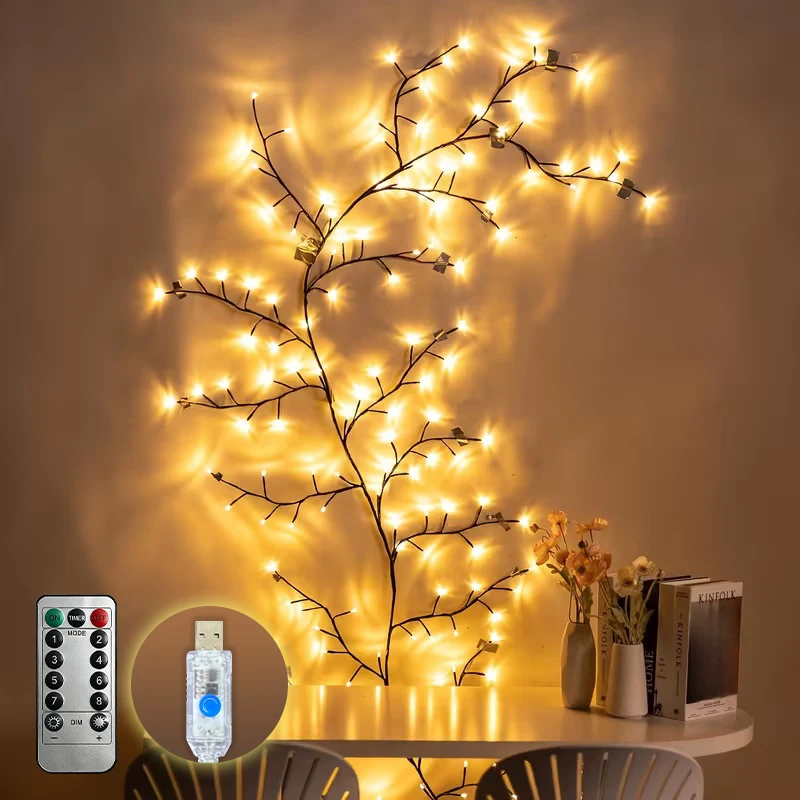 Warm White USB Twig Branch Lights 1.1M48LED-2.8M160LED Remote 8 Modes for Living Room Wall Wedding Christmas Home Decorations