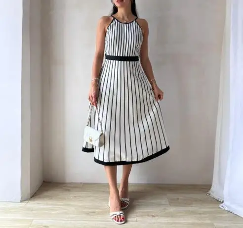 

Womens Dresses 2025 Spring Summer New Fashion Striped Print Round Neck Sleeveless Backless Lace Up Casual High Waist Long Dress