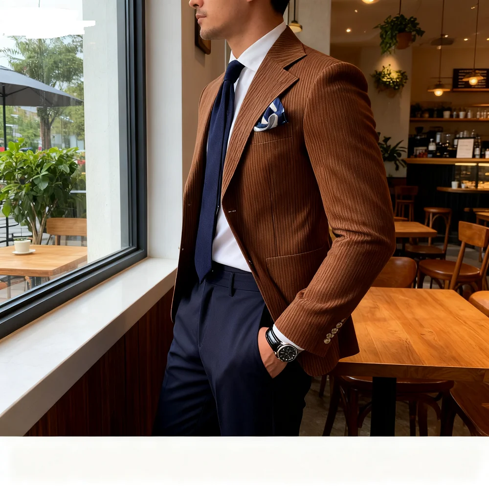 

Summer Seersucker 2-Piece Men's Blue Striped Blazer Suit with Notched Lapel Casual Wedding Fine Fit Trousers Male Fashion