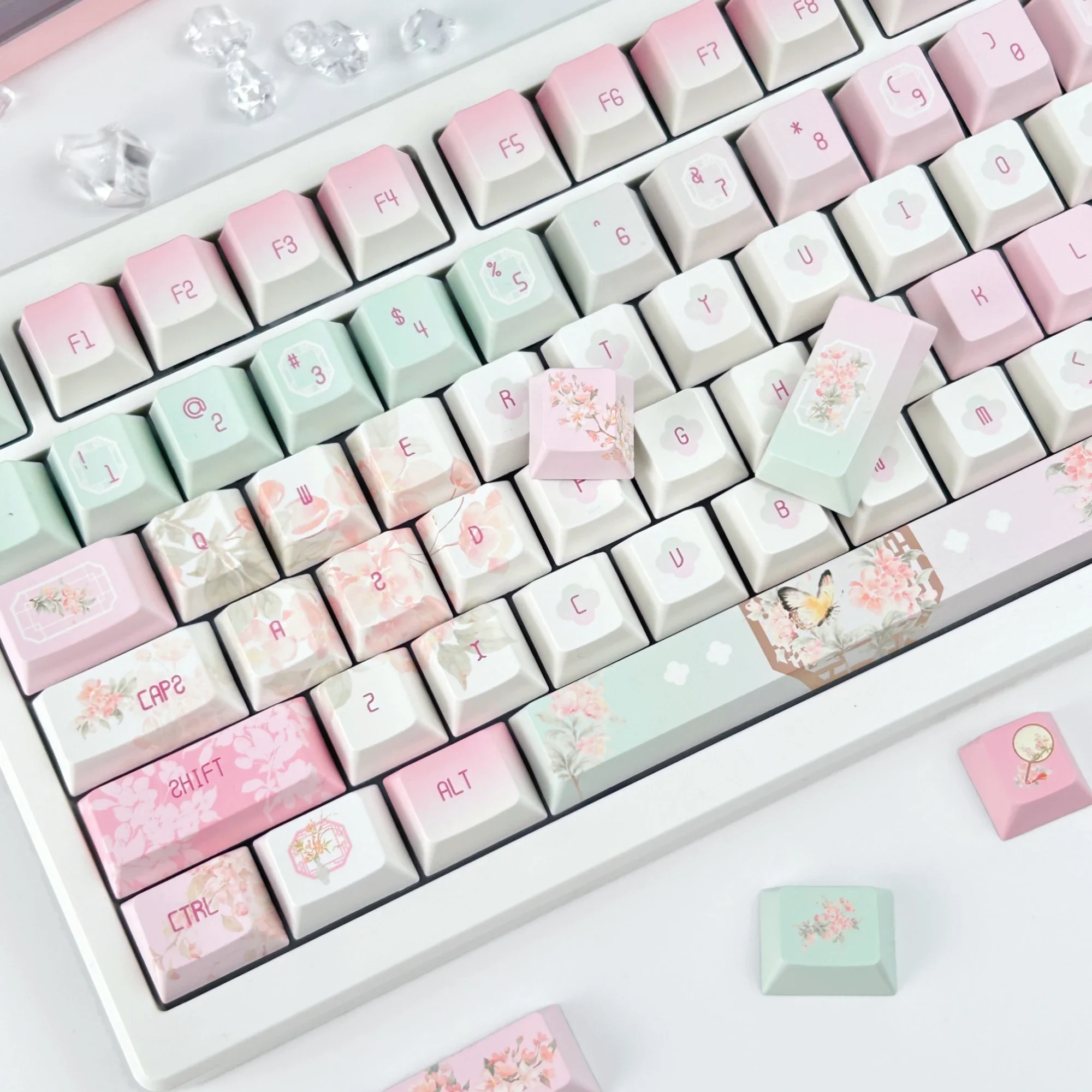 MAIMOOO Begonia Flower Keycap Cherry/MOA PBT Pink Green Gradient Chinese Style Floral Keyboard Keycaps Russian/Korean/Thai