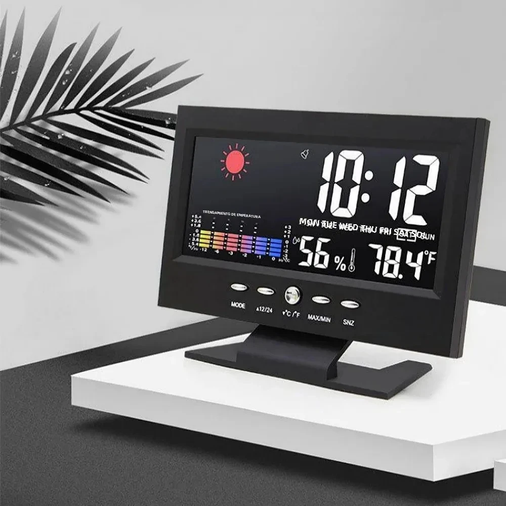 Digital Electronic Alarm Clock with Weather Station Time Temperature Humidity Display and Sound Control Function USB Cable