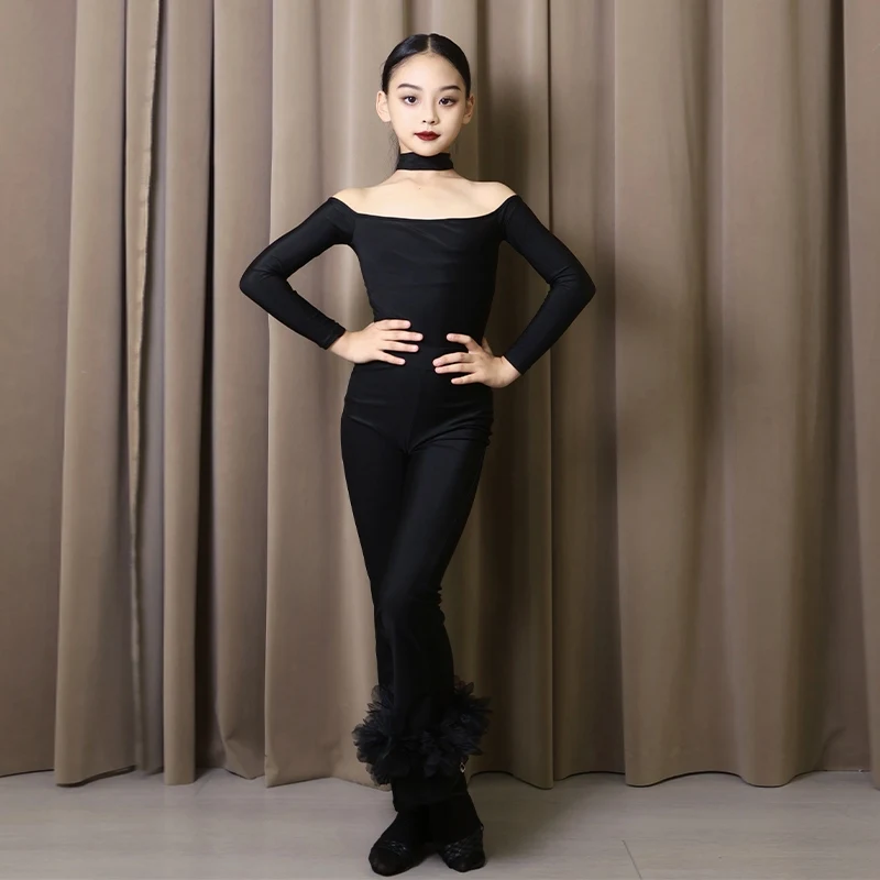 Long Sleeve One Shoulder Top Latin Dance Suit Bell-bottom Trousers Chacha Rumba Dance Flower Pants Practice Clothes DQL9460