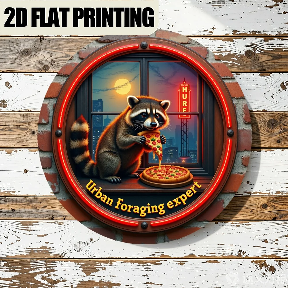Raccoon Eating Pizza Round Metal Sign - 2D Flat Unique Wall Art for Living Room, Garden, Bar, Easter Vintage Birthday Gift