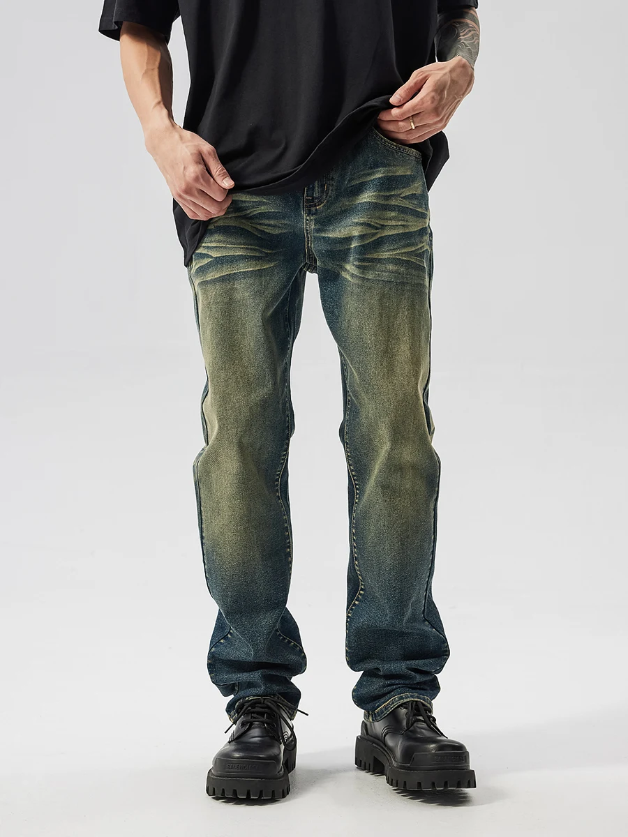 2024 New Men's Retro Jeans American Style Cat Whisker Pattern Male Pocket Loose Straight Pants Trendy Male Zipper Denim Trousers
