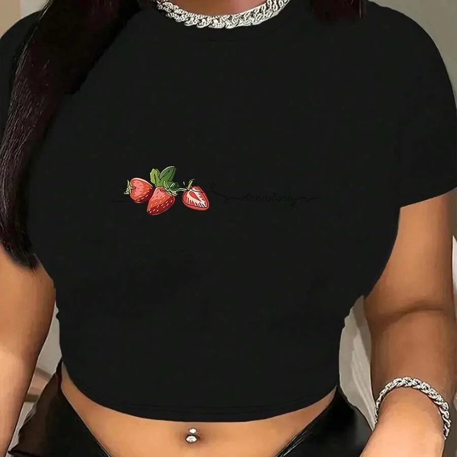 【New style】1pc Y2K Style Strawberry Print Crop Top Women'S Fashionable And Versatile Spring/Summer Tee Sweet And Cute Perfect H