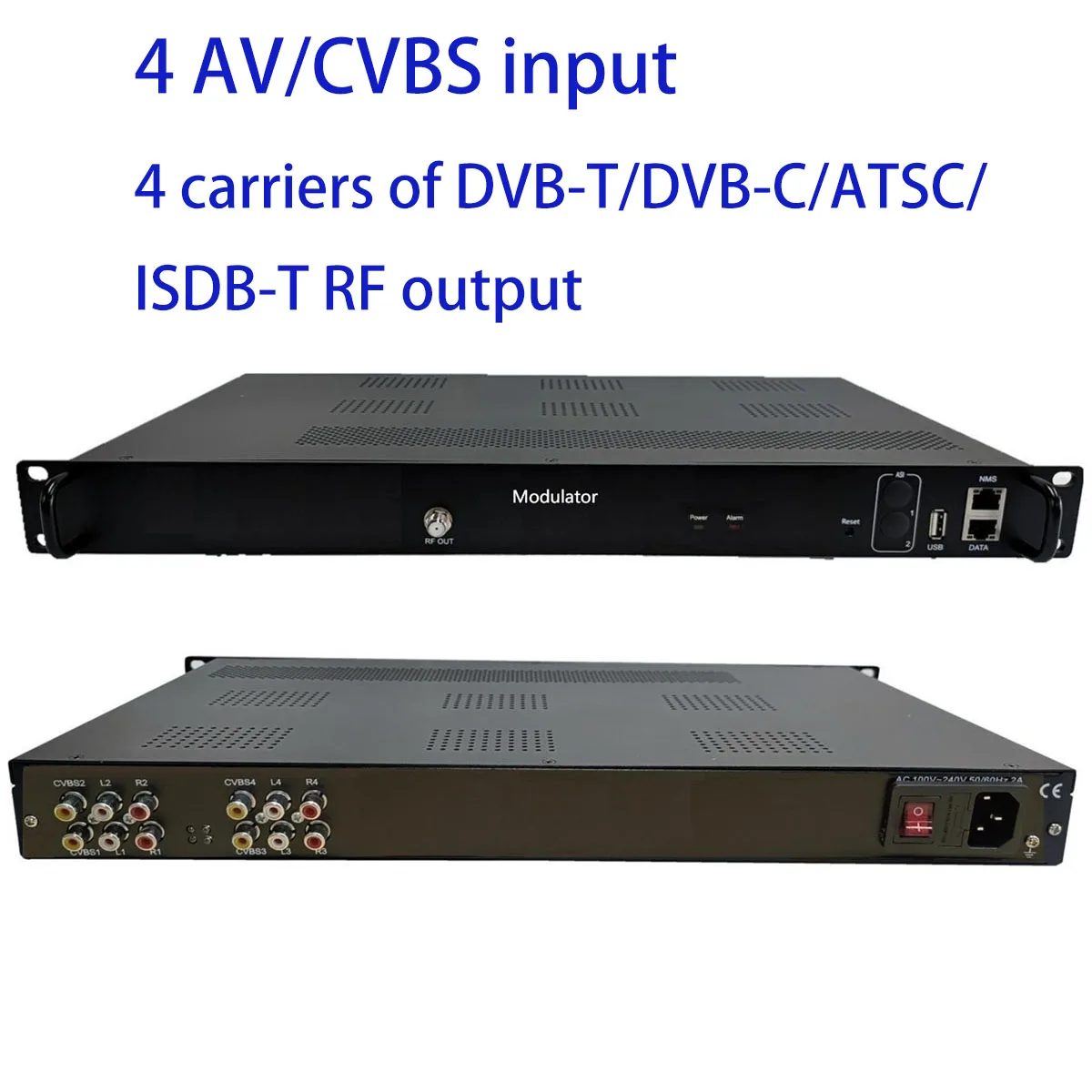 4 carriers 4/8 CVBS to DVB-C/DVB-T/ISDB-T/ATSC encoder modulator Digital TV Headend, RF QAM  Modulator, ATSC catv modulator