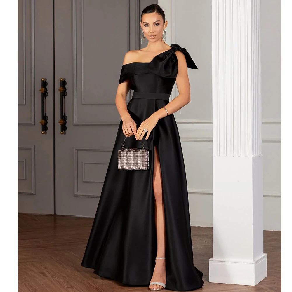 

Bowith Black Evening Dresses 2025 Elegant One-Shoulder Customized Long Prom Dresses A-Line Draped Side Slit Party Dresses