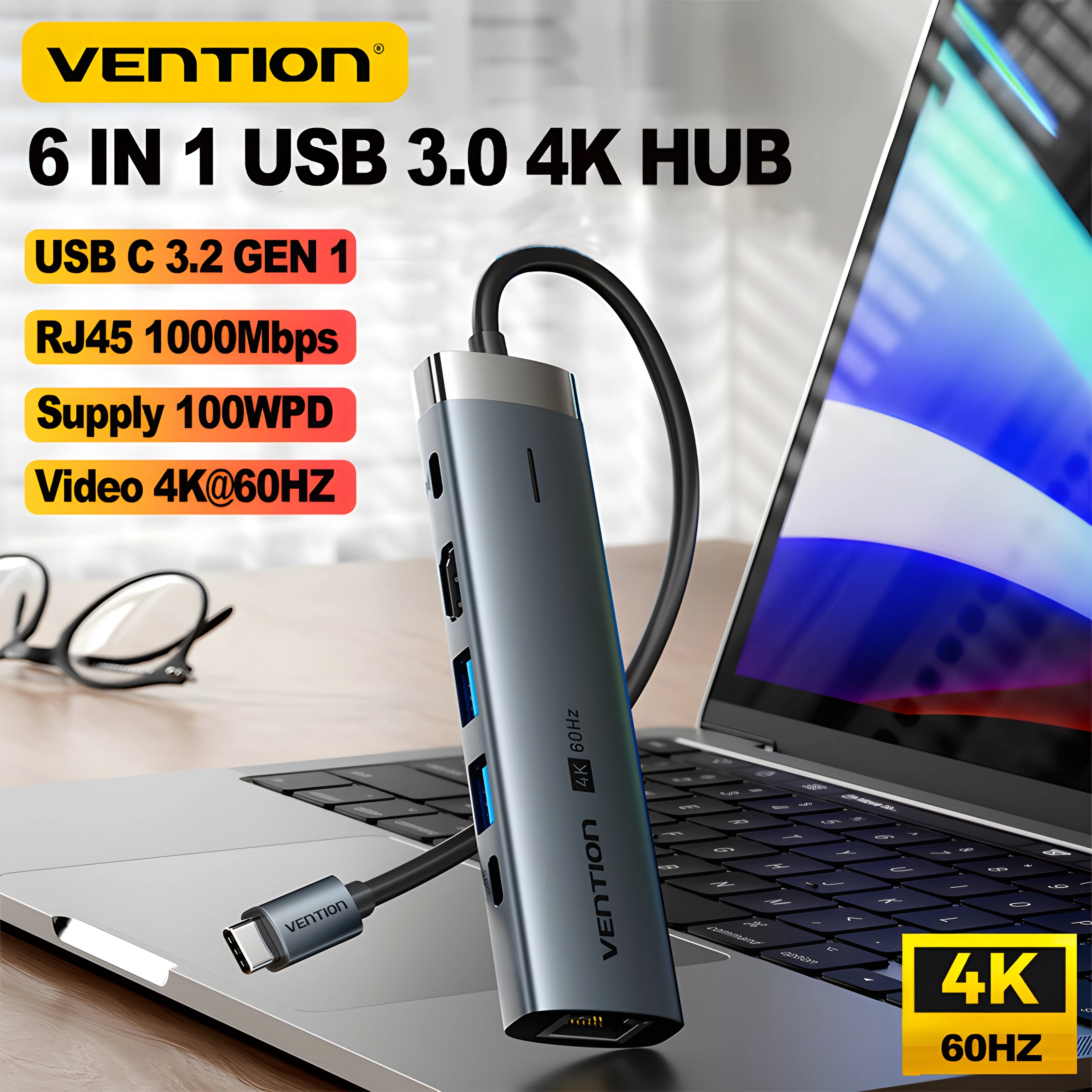 

Vention New 6 IN 1 USB 3.0 Type C 100W HUB 4K 60Hz to HDMI RJ45 Splitter Adapter Docking for MacBook iPad Samsung Xiao PC Laptop