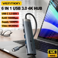 Vention New 6 IN 1 USB 3.0 Type C 100W HUB 4K 60Hz to HDMI RJ45 Splitter Adapter Docking for MacBook iPad Samsung Xiao PC Laptop