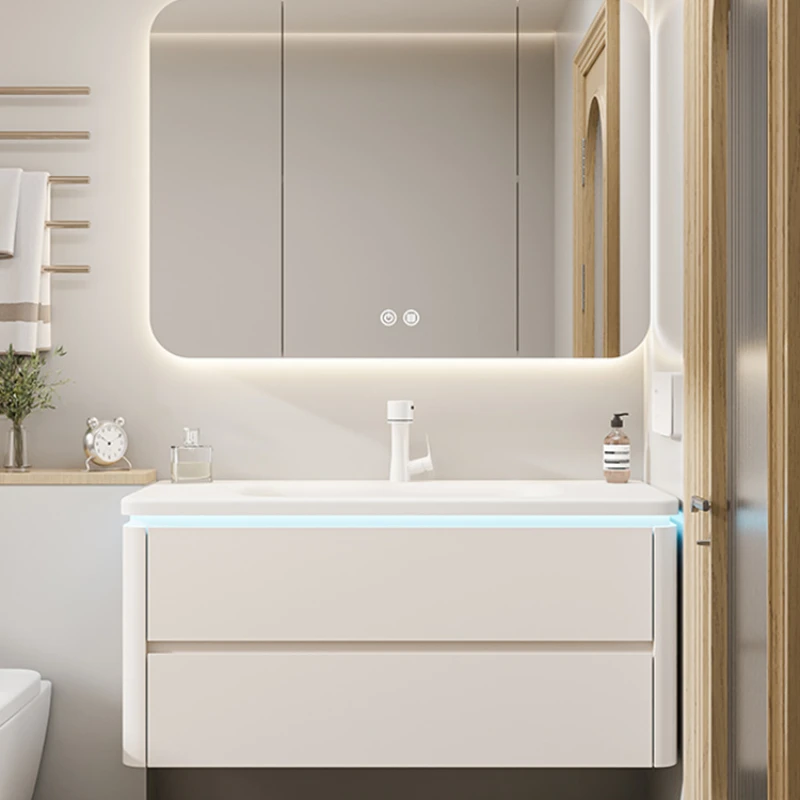 Combination of washbasin and cabinet, integrated basin, bathroom, cream air washbasin