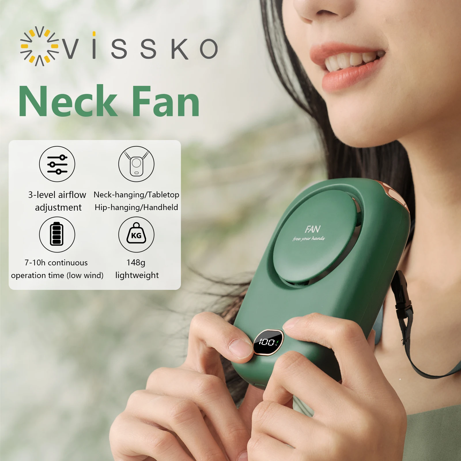 Vissko Portable Hanging Neck Fan Mini Fans with Adjustable Lanyard Bladeless USB Rechargeable Sports Cooling Fan for Kids Travel