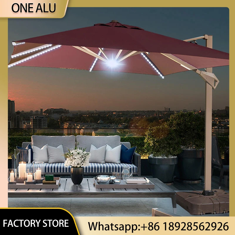 10FT Hydraulic Patio Umbrella Remote Control LED Lights Waterproof Outdoor Parasol Cantilever Compliant with Base