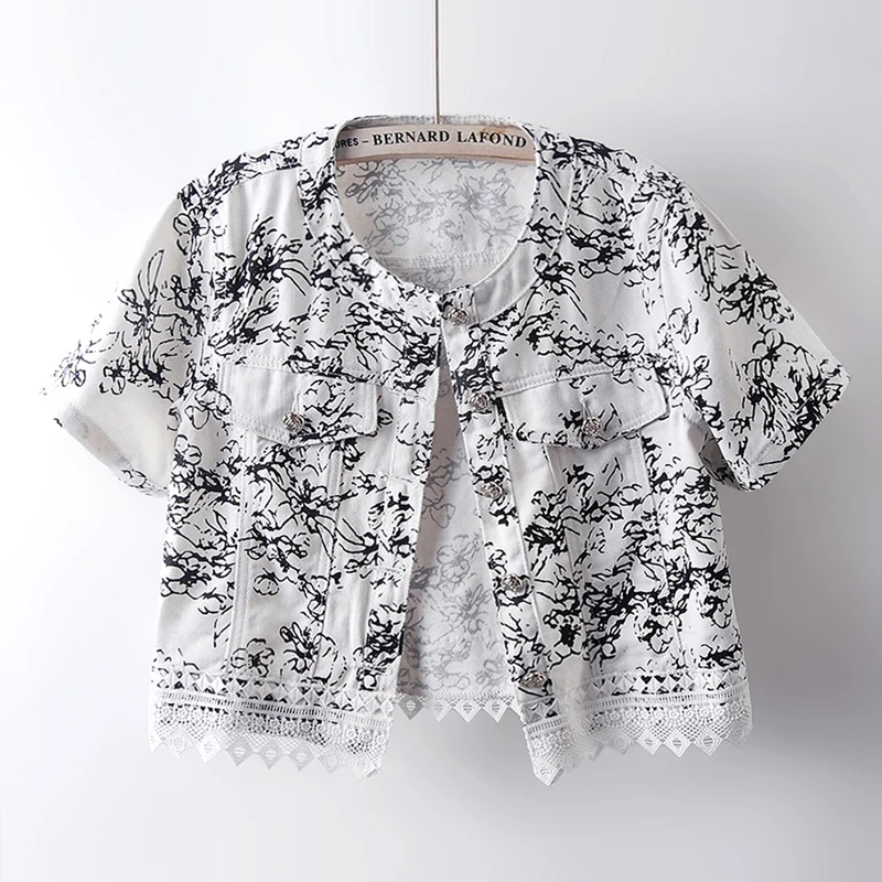 

Summer Round Neck Lace Short Sleeve Thin Short Denim Jacket Women Fashion Flower Print Beige Jeans Jacket Coat Chaqueta Mujer