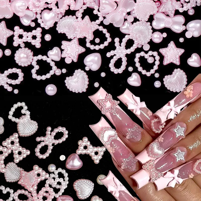 500 Uds. De dijes variados de dibujos animados para uñas, resina 3D, lazo rosa, forma de corazón, parte posterior plana, decoraciones artísticas para uñas, accesorios para decoración de uñas DIY