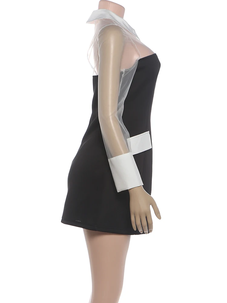 Weird Puss Fashion Mesh-Patchwork-Kleid für Damen, sexy, farbblockierend, trendig, mit Umlegekragen, langen Ärmeln, elegant, für Party und Club, figurbetont – Detail 4