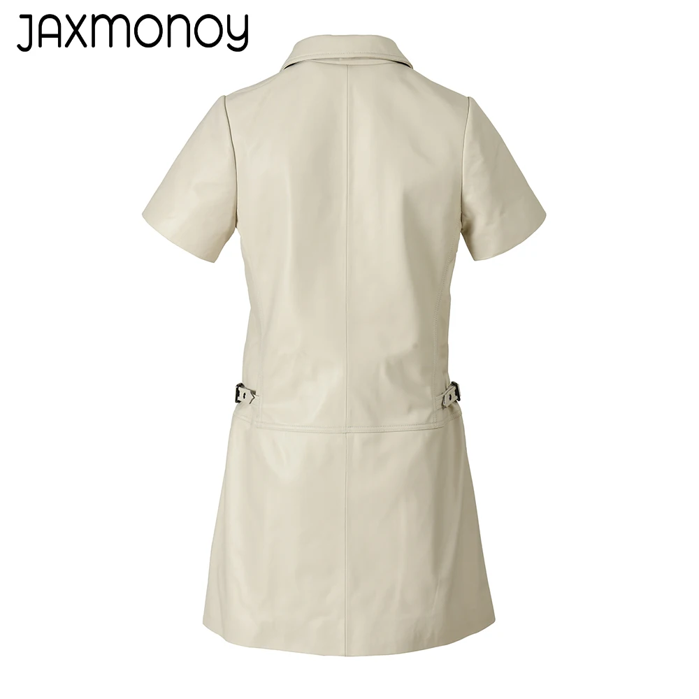 Jaxmonoy Women\'s Real Leather Jacket 2023 Spring New Style Genuine Leather Dress Ladies Fashion Autumn One-Piece Dress Female