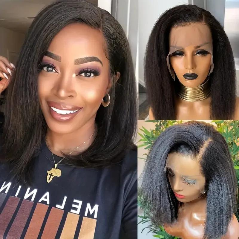 

Yaki Straight Short Bob Human Hair Wigs Glueless Kinky Straight 13X4 Lace Front Wig For Women HD Transparent Lace Closure Wig