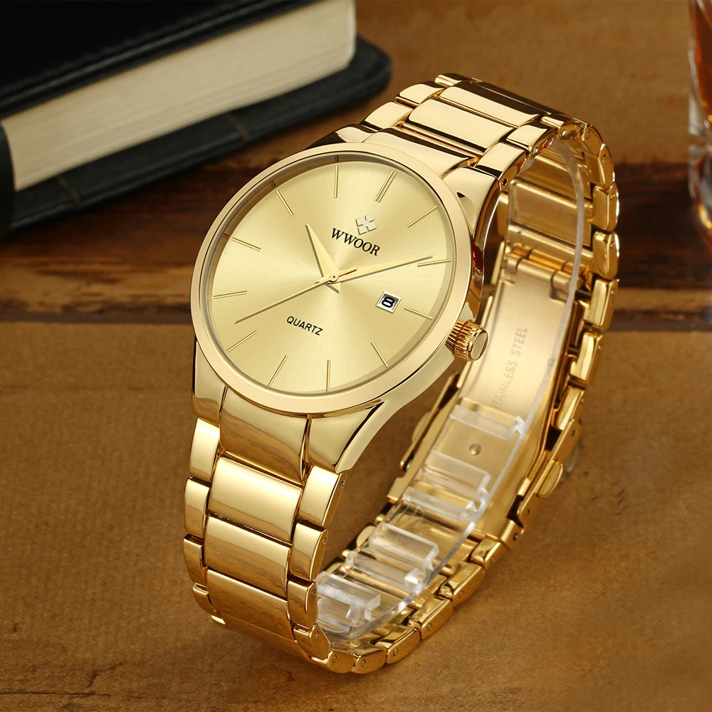 WWOOR Men‘s Watches Gold Original Quartz Wristwatch Waterproof Watch for Male Date Luxury Men Dress Watch Relogio Masculino Gift