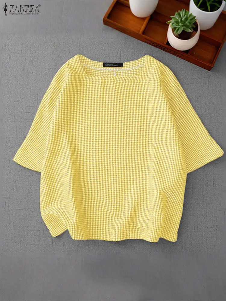 เสื้อผู้หญิง ZANZEA ฤดูร้อน 2025 ลายสก็อต คอเหลี่ยม แขนสั้น สไตล์ลำลอง เหมาะสำหรับทำงาน ทรงโอเวอร์ไซส์