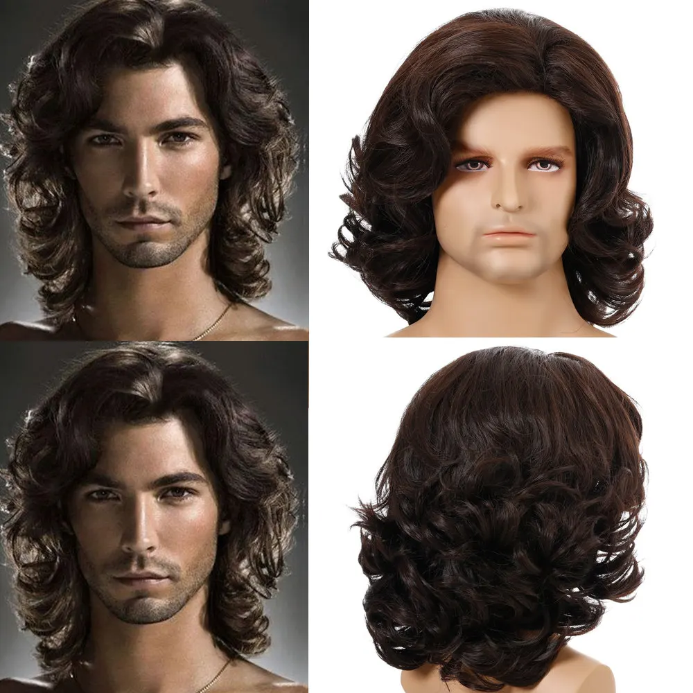 

GURUILAGU Short Wavy Wigs for Men Machine Made Short Wig Male Synthetic Hair Cosplay Wig Heat Resistant Fiber Brown Black Wig