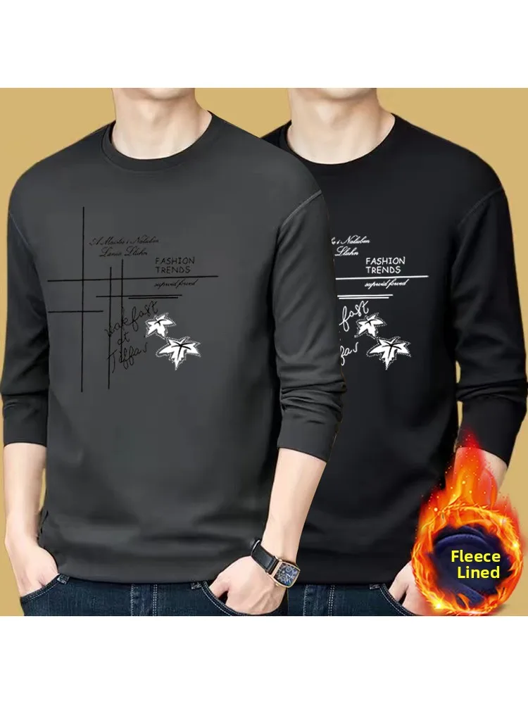 Men's Long Sleeve Fleece Lined Thick T-Shirt Autumn Winter Warm Underwear Base Shirt for Middle-aged And Young Men