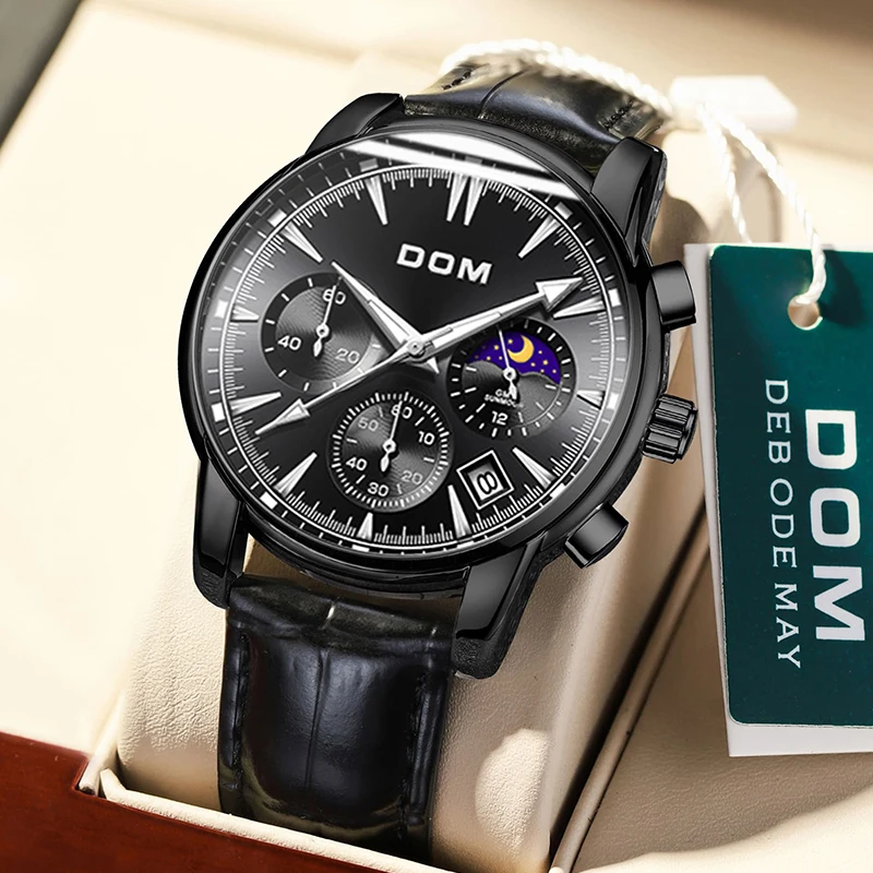 

DOM 7508 Men Black Quartz Watch Fashion Moon Phase Business Wristwatches Waterproof Date Leather Clock Male Watches Gift