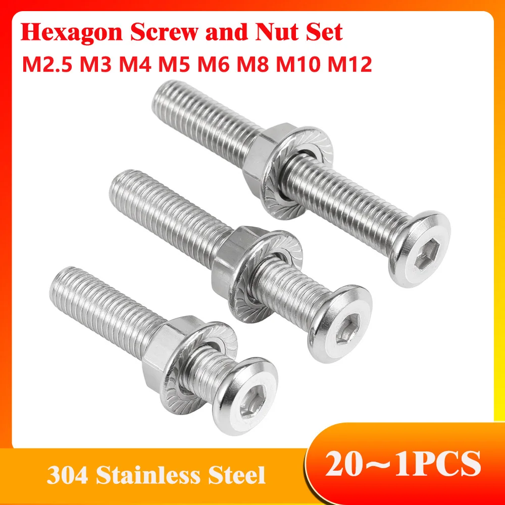 304 Stainless Steel Flat Head Beveled Inner Hexagon Screw and Nut Set Full Flange Screw Cap Beveled Bolt M3 M4 M5 M6 M8 M10 M12