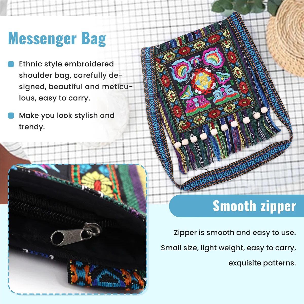 ABQR Hmong Vintage Chinese National Style Ethnic Shoulder Bag Embroidery Boho Hippie Tassel Tote Messenger