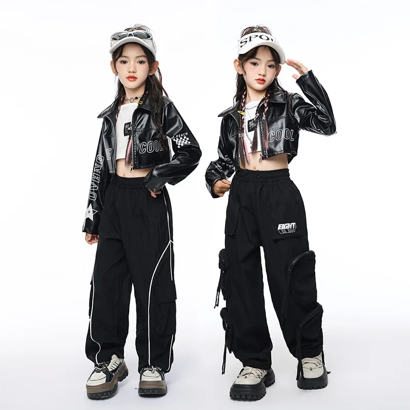 

Girls Black Leather Jacket Cargo Pants Suit Children Hip Hop Street Dance Performance Stage Wear Kids Jazz Modern Dance Costumes