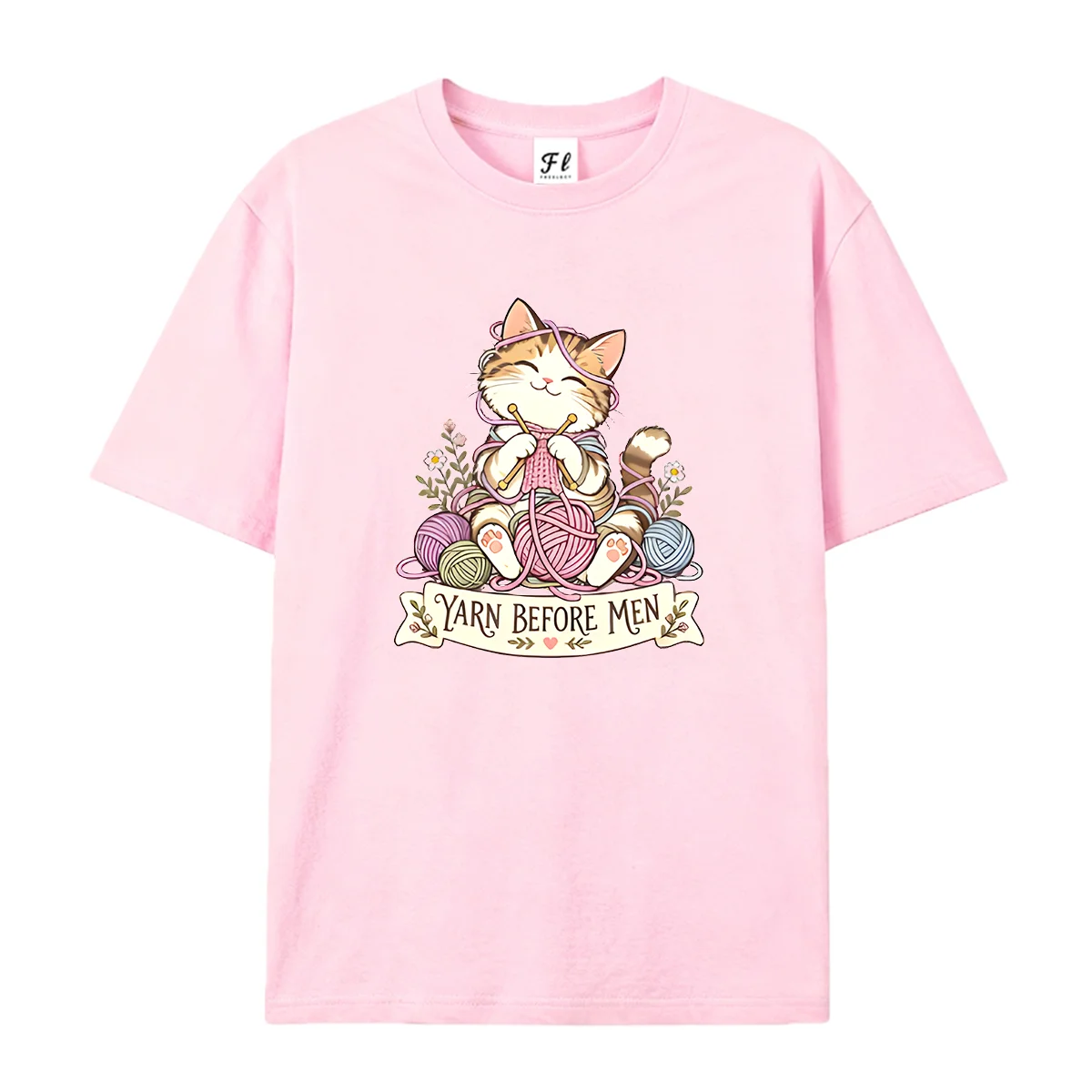 Women Knitting Cat Graphic Tee Round Neck Short Sleeve Tops Handmade Craft Lover Casual Soft Loose Summer Daily Wear T Shirts