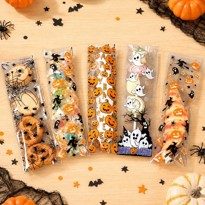200pcs Mixed Style Halloween Long Self Sealing Bags Candy Biscuit Packaging Moisture Proof Snack Bag Party Prop