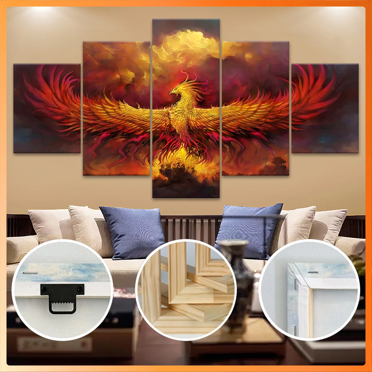 

5pcs Wooden Framed Canvas, Radiant Golden-Red Phoenix, Fashion Poster, Art for Home Decoration, Pattern Wall Art