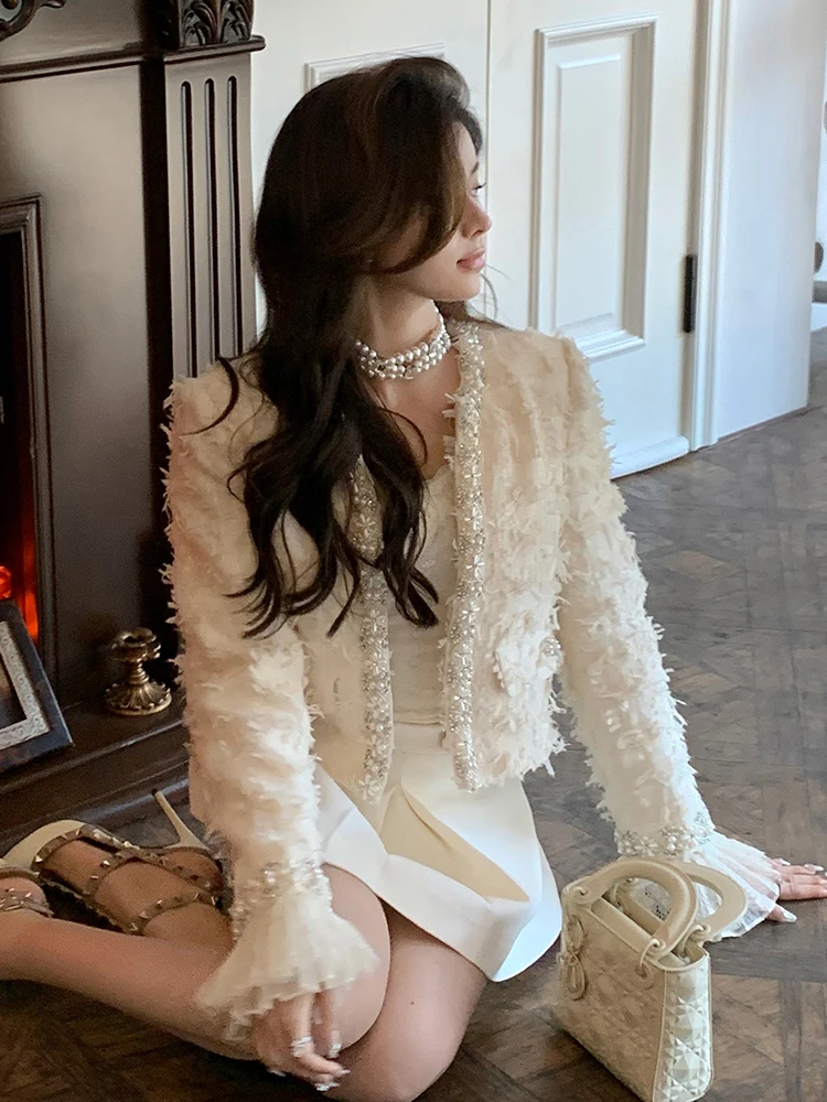 

Elegant Heavy Embellished Lace Patchwork Tweed Jacket Women's Spring Autumn Fashion round Neck Full Sleeve