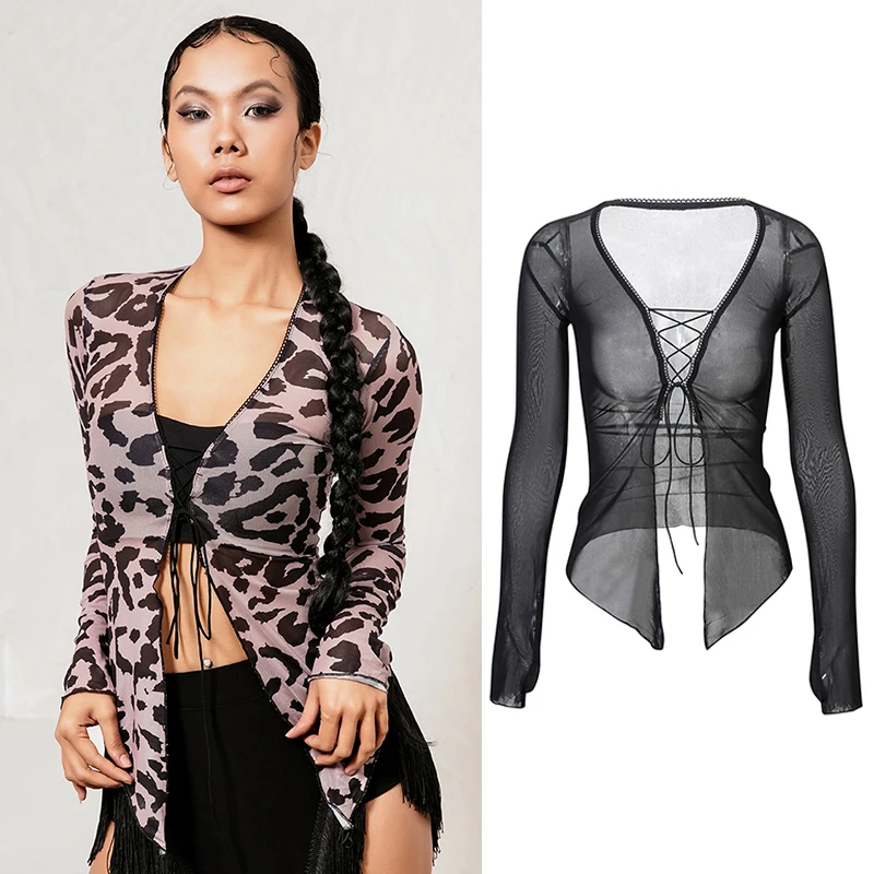 

2024 Latin Dance Tops Sexy Mesh Drawstring Cardigan Women Dance Clothes Cha Cha Rumba Dance Practice Wear Adult Shirt BL12366