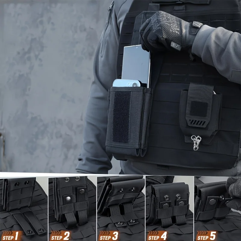 Schwarze Aufbewahrungstasche mit Klappe, Handytasche für große Bildschirme, Werkzeugtasche für die Taille, Münzbörse – Detail 8
