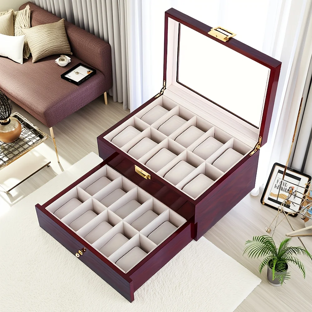 

20 Slots Wooden Watch Box Case Glass Wine Red Piano Finish Baking Varnish Craft Wood Watch Boxes Organizer Storage Holder Gifts