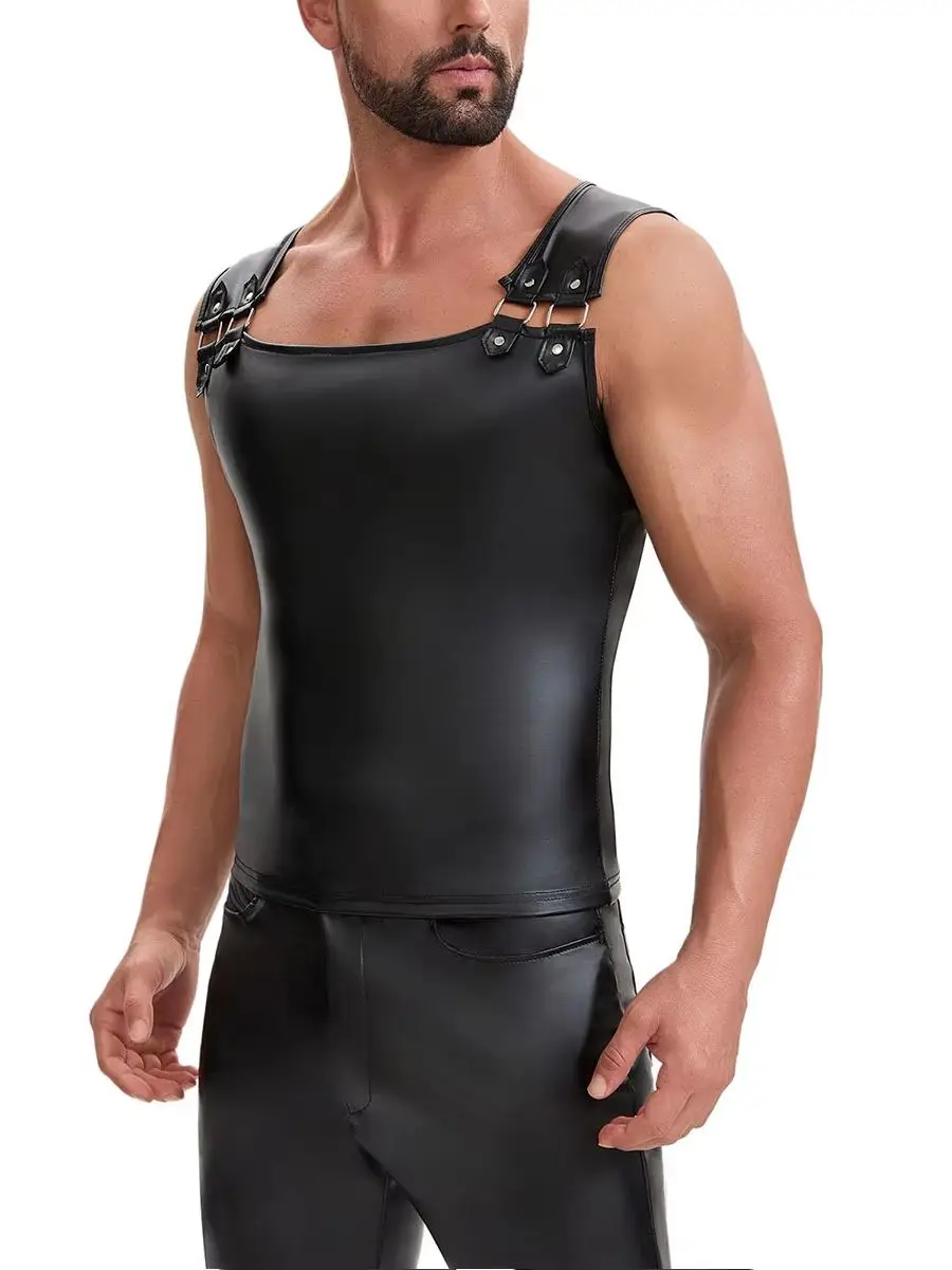 S-7XL Buckle Sleeveless Faux PU Leather Tank Top Tights Gym Muscle Shirt Tanktop Vest Cosplay Performance Waistcoat Hot Shapers