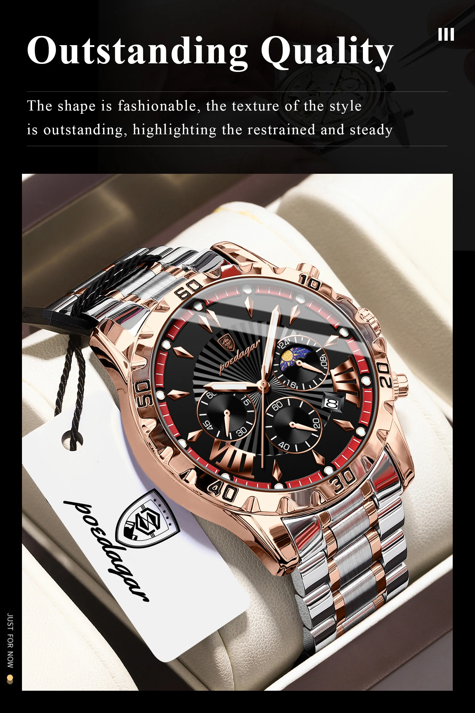POEDAGAR Top-Luxus-Herrenuhr, Leuchtend, Wasserdicht, Edelstahl, Quarz, Chronograph, Datum, Militäruhr für Herren – Detail 4