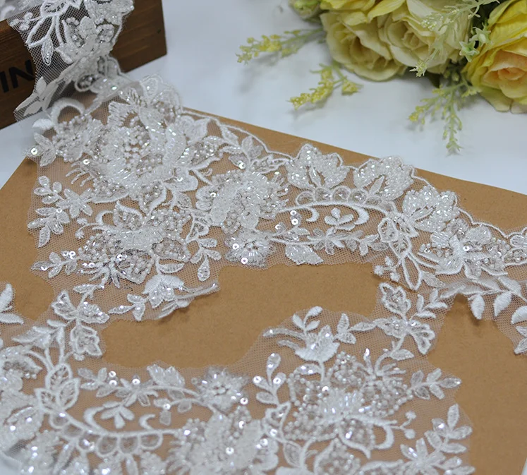 New High-quality off-white Bridal Beaded Tube Embroidery Lace High Definition Wedding Headdress Accessories(2Yard/10yards)Pack