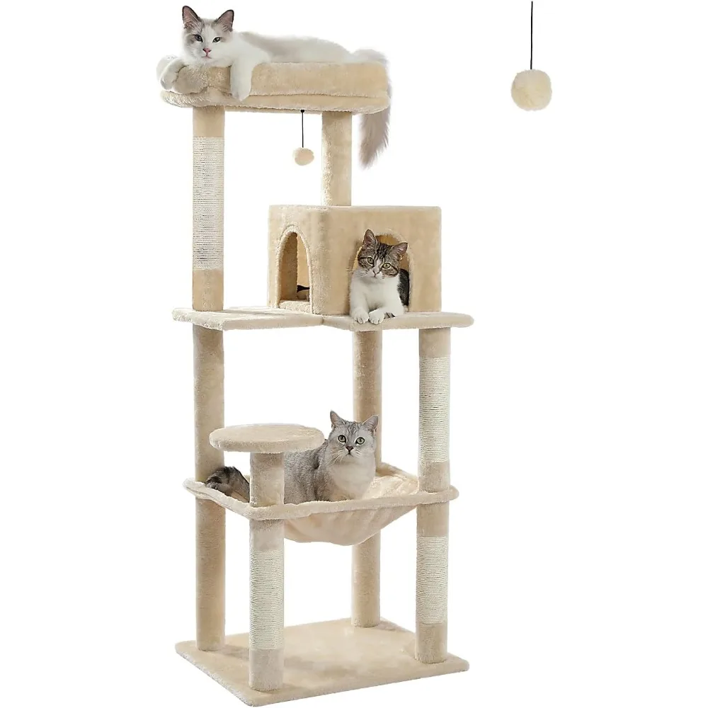 Metal Plush Cat Tree, Equipped with a Hammock, Cat Tower, 2 Apartment Houses, 6 Levels of Cat Racks