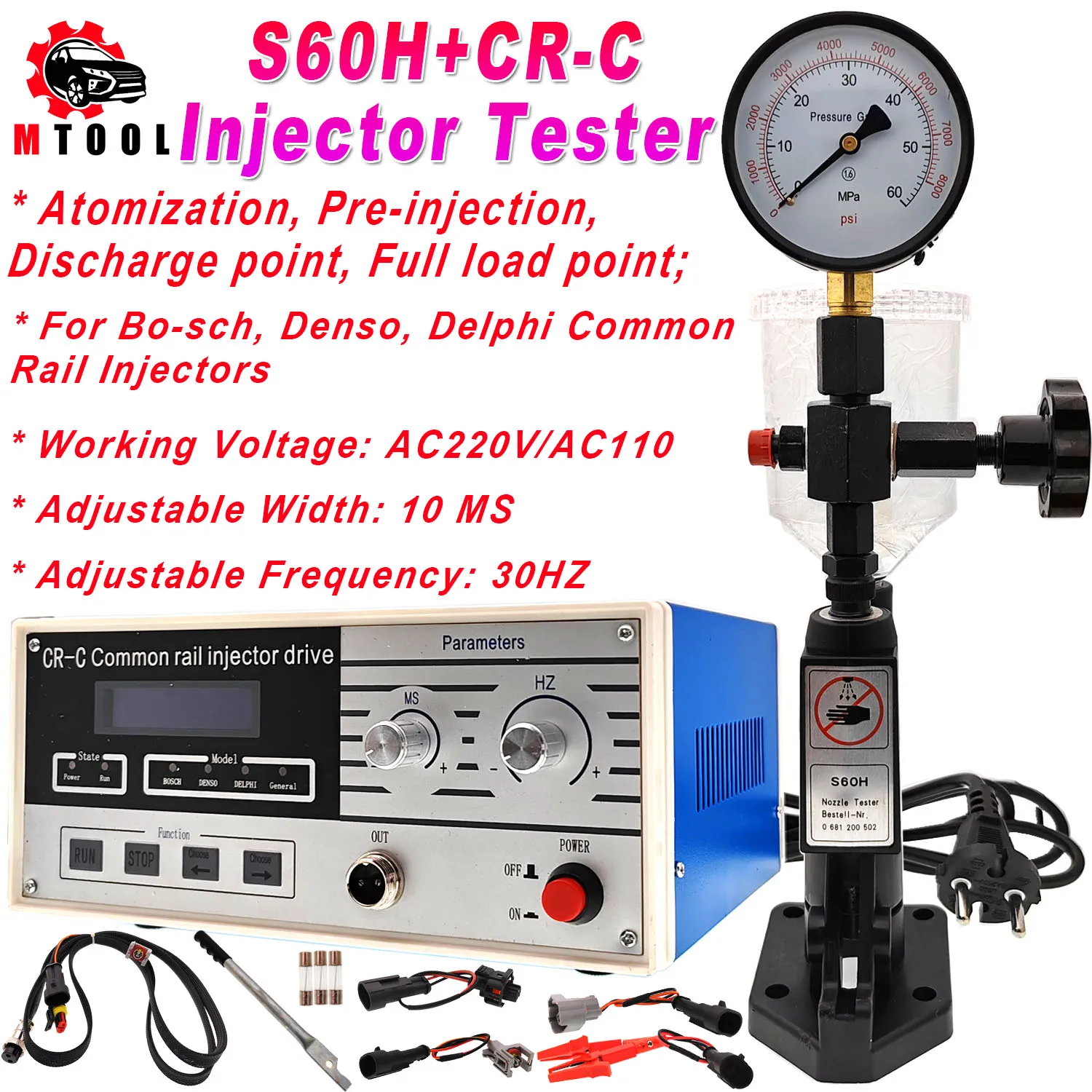 Injector Tester Full Set CR-C Multifunction Professional Diesel Common Rail Injector Tester Tool + S60H Fuel Nozzle Combination