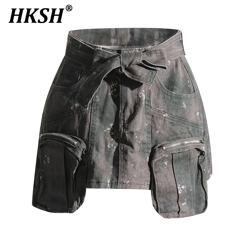 

HKSH Spring Summer New Women Chic Streetwear Punk Casual Skirt Tie Waist Patchwork Safari Style Pocket Cargo Short Skirts HK5410